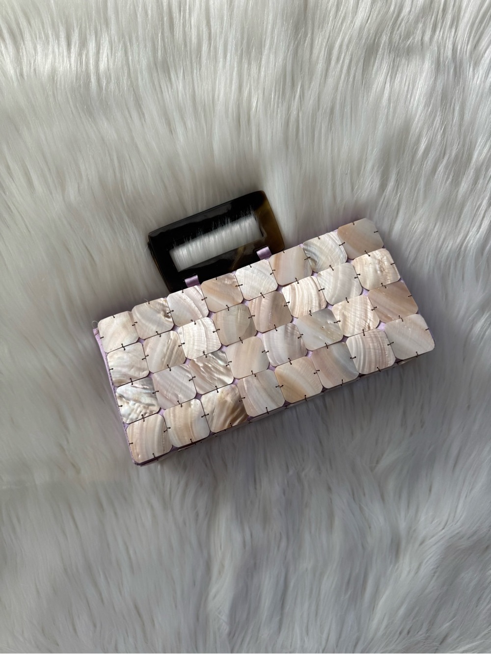 Iridescent Abalone Shell Tile Clutch Bag with Tortoiseshell Handle